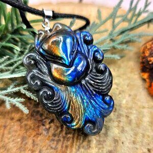 Nature Labradorite Carved Flying Nine Tails Fox Pendant Necklace